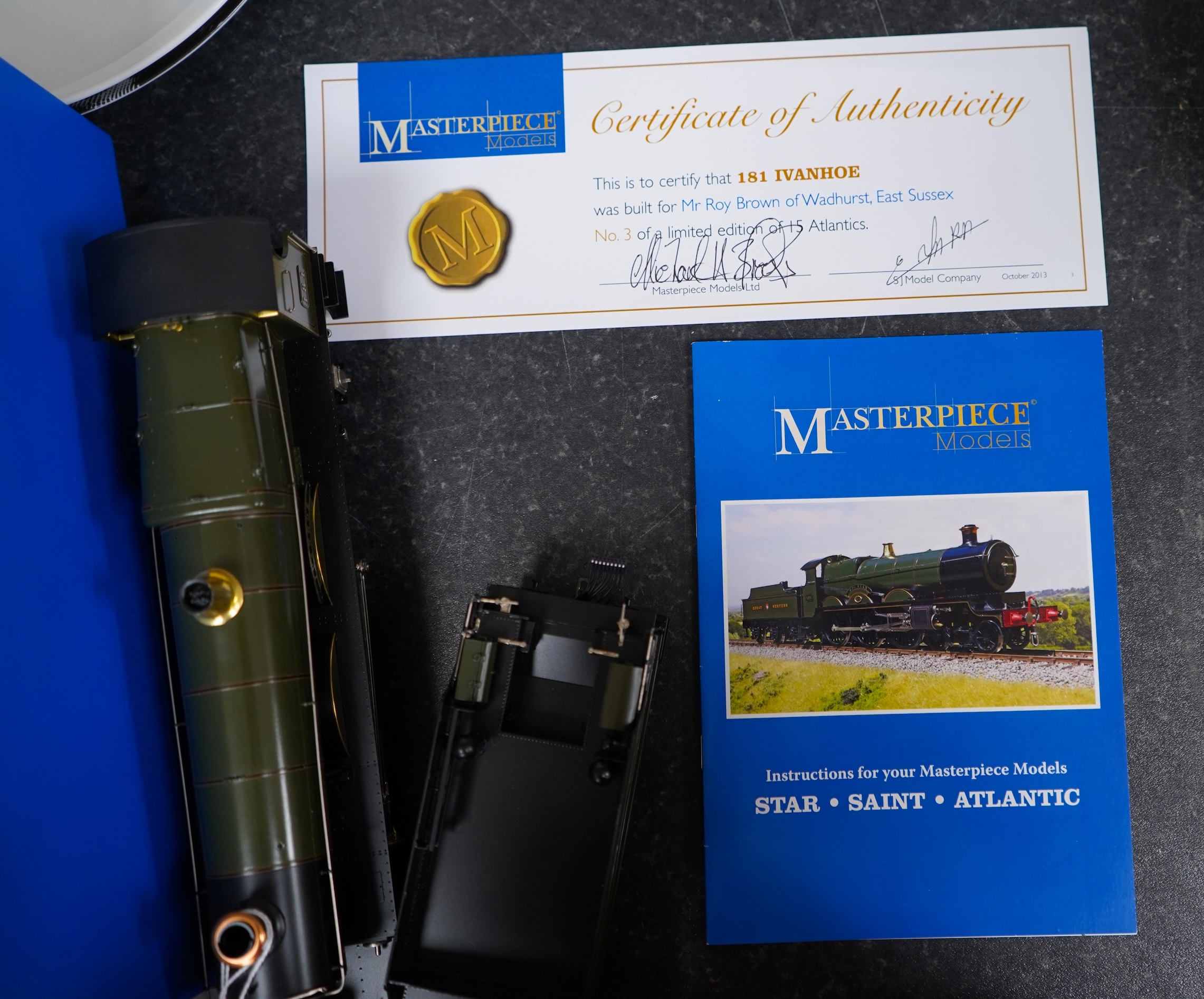 An 0 gauge Masterpiece Models model of GWR Saint Class, Ivanhoe 181, 4-4-2 Atlantic tender locomotive, powered for two rail operation, with original box, accessories, instruction booklet and other paperwork.